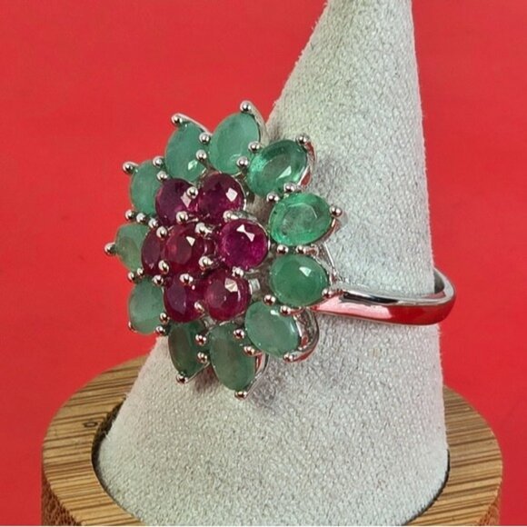 925 Sterling Silver Ring SZ 9 with Natural Ruby & Emerald Gemstone - Picture 8 of 15